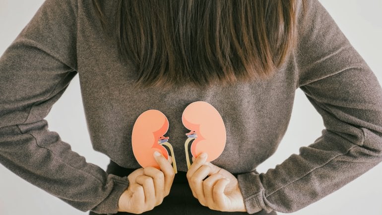 Sinnbild einer diabetischen Nephropathie: Frau hält Abbildungen von Nieren an ihren Rücken.