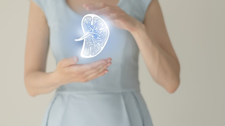 Eine Frau im hellblauen Kleid hält eine virtuelle Milz vor sich in der Hand